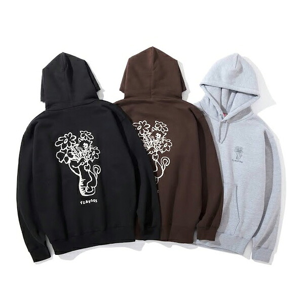 【FLATLUX(フラットラックス)】FLATLUX LIVING HOODIEヘビーウェイト スウェットパーカ ネコ 花 猫 プリント XL XXL|BLACKANNY