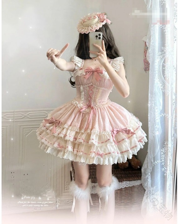 ロリータ ドレス 可愛い お姫様 ロリータ ショート丈 ワンピース ミニ丈 ジャンパースカート 裾フリル レース 蝶リボン ふわふわ ボリューム スクエアネック 萌え萌え ロリータ服 ネックレス 髪飾り の 帽子 パニエ ピンク
