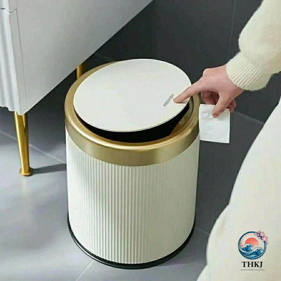 丸型ステップ式ゴミ箱 12L グレー ゴールドトリム付き おしゃれ スタイリッシュ 静音フタ付き ステンレス調 プラスチック製 大容量 省スペース 北欧風 ダストボックス