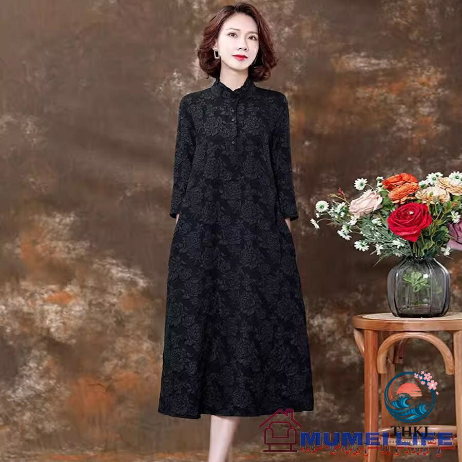 【全品2点で5%OFF】ライン 七分袖 花柄 ロング丈 結婚式ワンピース 叔母 50 代 お食事会 顔合わせ服装 母親 60 代 40 代 お宮参り 70 代 祖母 姪 ぼっちゃり シニア 黒