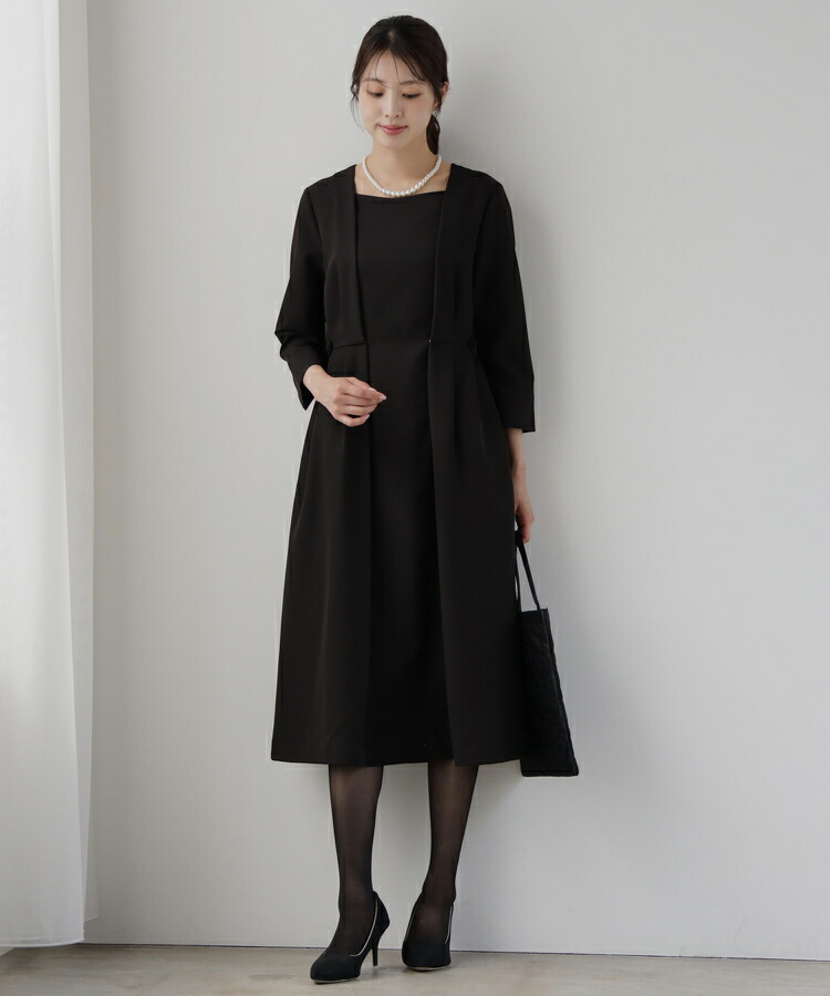 ワンピース レディース フォーマル 喪服 ひざ下丈 スクエアネック 前開きファスナー ゴム入りベルト付き サイズ調整可能 ポケット付き 七分袖 裏地付き きちんと感 洗濯可 ママ 学校行事 謝恩会 女の子