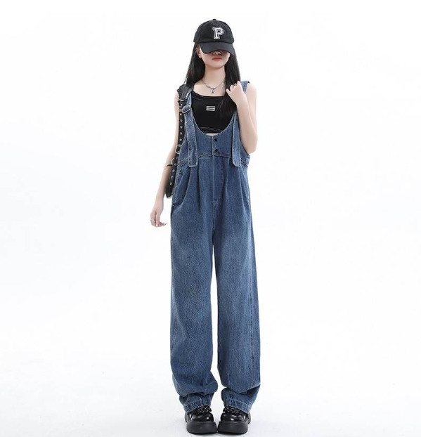デニム サロペット オーバーオール レディース ワイドパンツ ハイウエスト かわいい 大人可愛い カジュアル おしゃれ お洒落 かっこいい レトロ こなれ感 ラフ メンズライク ボーイッシュ ラブリー キュート 個性的 主役級 存在感 抜け感 無地 春 夏 秋 10代 20代 30代 学生｜UnoSei
