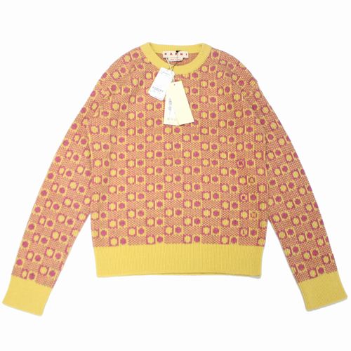 【中古】 MARNI マルニ 23AW JACQUARD SHETLAND WOOL PULLOVER 編み物 46 さくら色 黄色