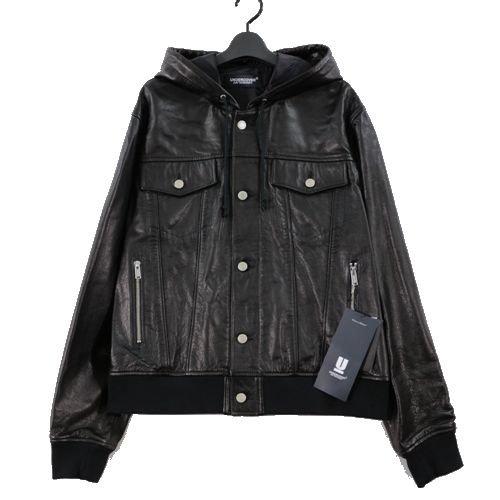 【中古】 UNDERCOVER アンダーカバー 25SS カウレザー フード レザーブルゾン ジャケット 4 ブラック