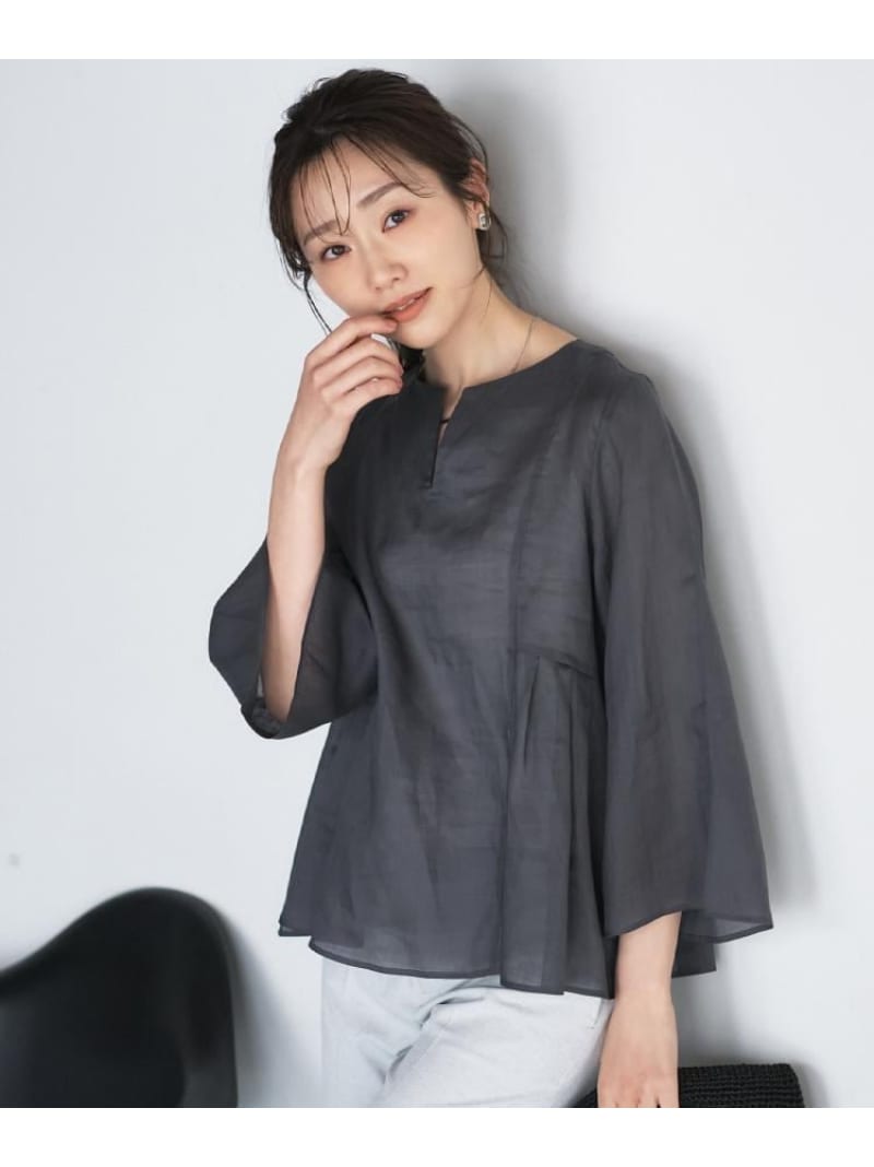 【SALE／30%OFF】【接触冷感/麻混/洗える】ドライタッチキーネックブラウス UNTITLED アンタイトル トップス シャツ・ブラウス グレー ブラック【RBA_E】【送料無料】[ Fashion]｜UNTITLED
