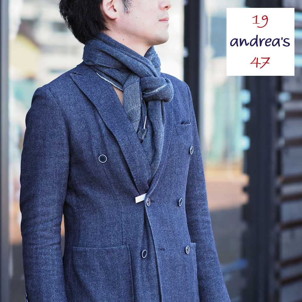 【40%OFFセール】国内正規品 19andrea's47 アンドレアズディチャノーヴェクアランタセッテ ブロック編み ストール ネイビー 6164 カシミア|un passo AVANTI