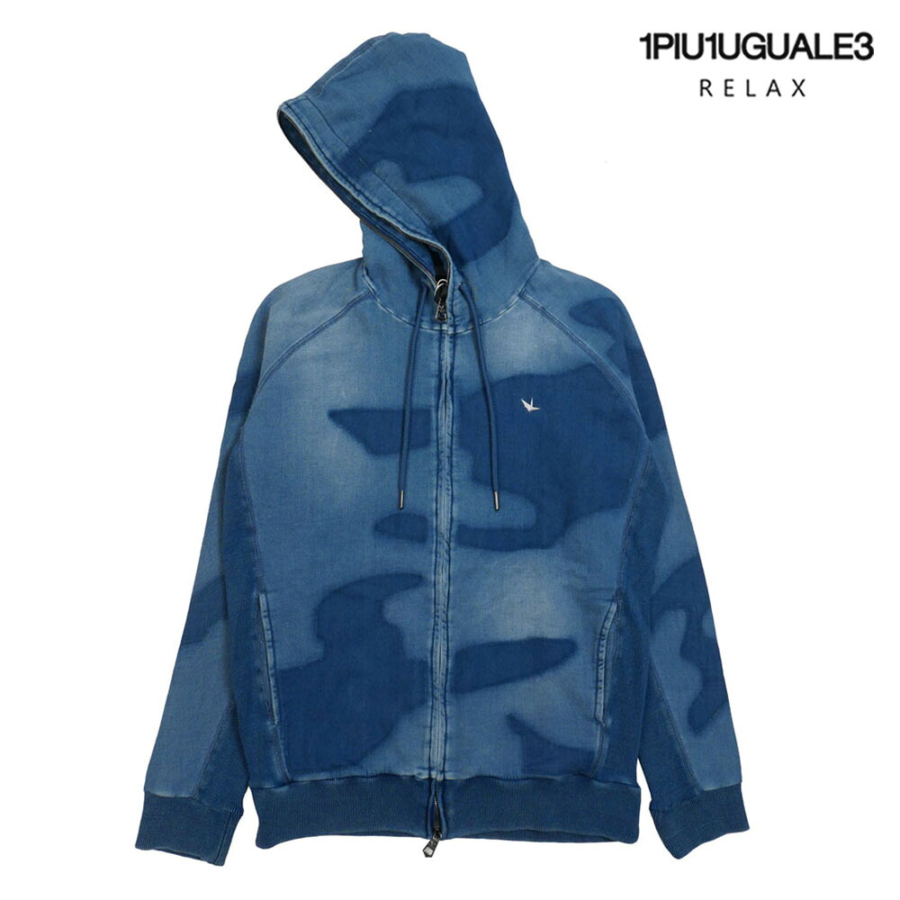 1PIU1UGUALE3 RELAX ウノピゥウノウグァーレトレ リラックス インディゴ カモフラ柄 パーカー フーディー M L XL XXL uso-26060｜un passo AVANTI