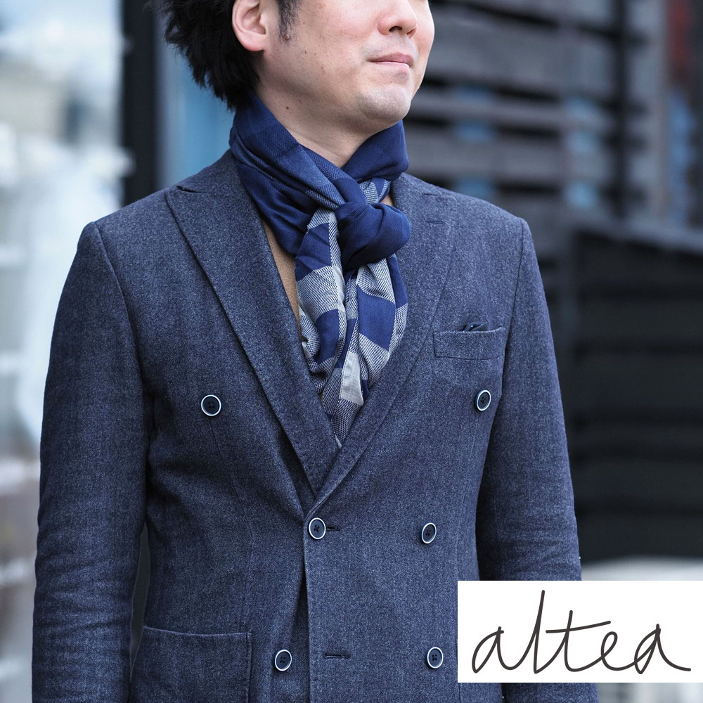 【30%OFFセール】国内正規品 Altea アルテア ブロックチェック柄 ストール 薄手 ネイビー&times;ブルー AL181UA1850010 イタリア製｜un passo AVANTI 10,934円