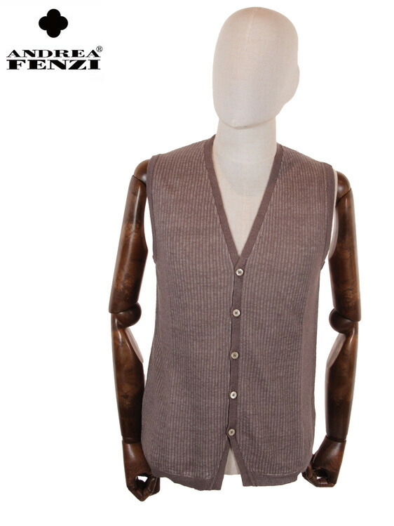 【60%OFFセール】国内正規品 ANDREA FENZI 5B シングルジレ リネン ニットベスト ストライプ 265-16600 BROWN ブラウン 茶