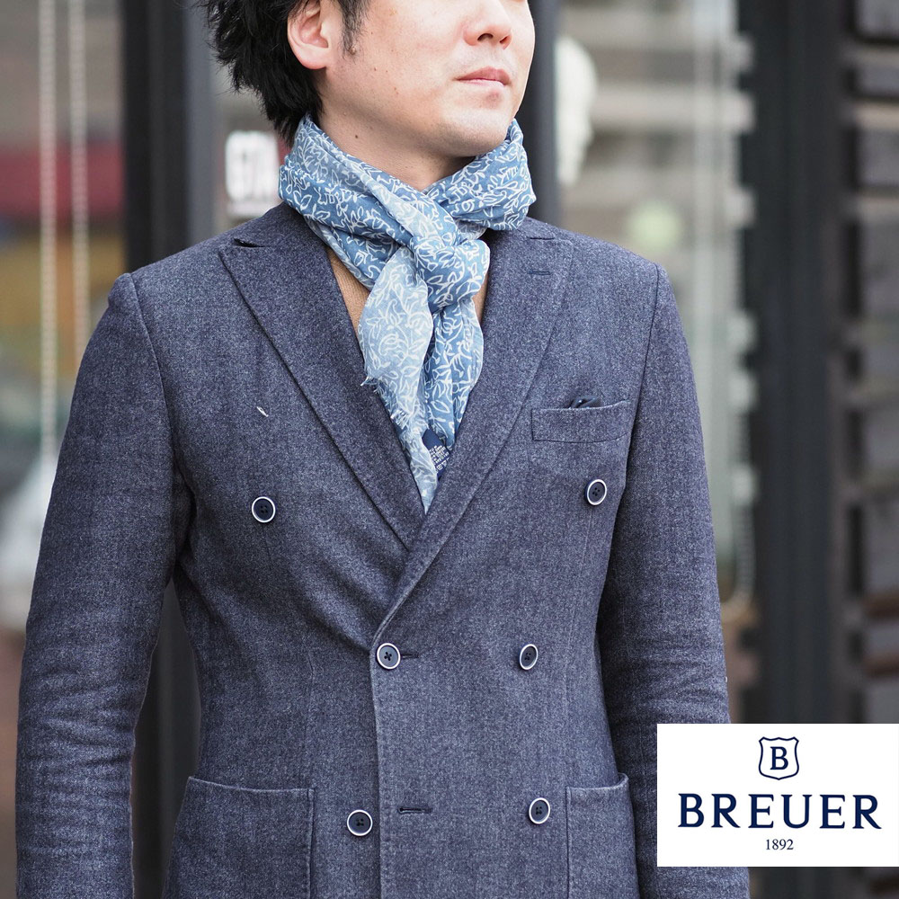【50%OFFセール】国内正規品 BREUER ブリューワー ボタニカル柄 ストール 薄手 ブルー×ホワイト 277-58402-030 イタリア製 植物柄 マフラー|un passo AVANTI