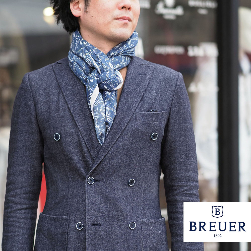 【50%OFFセール】国内正規品 BREUER ブリューワー ボタニカル柄 ストール 薄手 ブルー×ホワイト 277-58419-010 イタリア製 麻 マフラー 植物柄