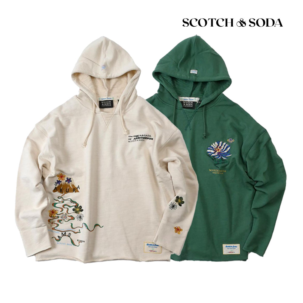 【40%OFFセール】SCOTCH&SODA スコッチアンドソーダ メンズ 刺繍フーディ パーカー プルオーバー282-73814 ホワイト グリーン 国内正規品