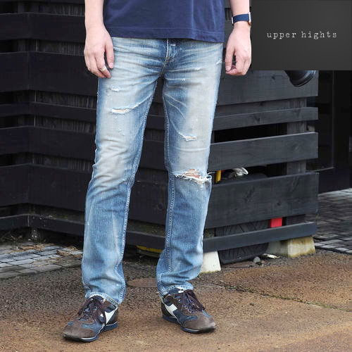 【60%OFFセール】 国内正規品 upper hights アッパーハイツ THE FINE テーパード デニムパンツ ダメージ加工 クラッシュ加工 ジップアップ ウォッシュ 188511 vrd ヴィンテージリップド ダーク