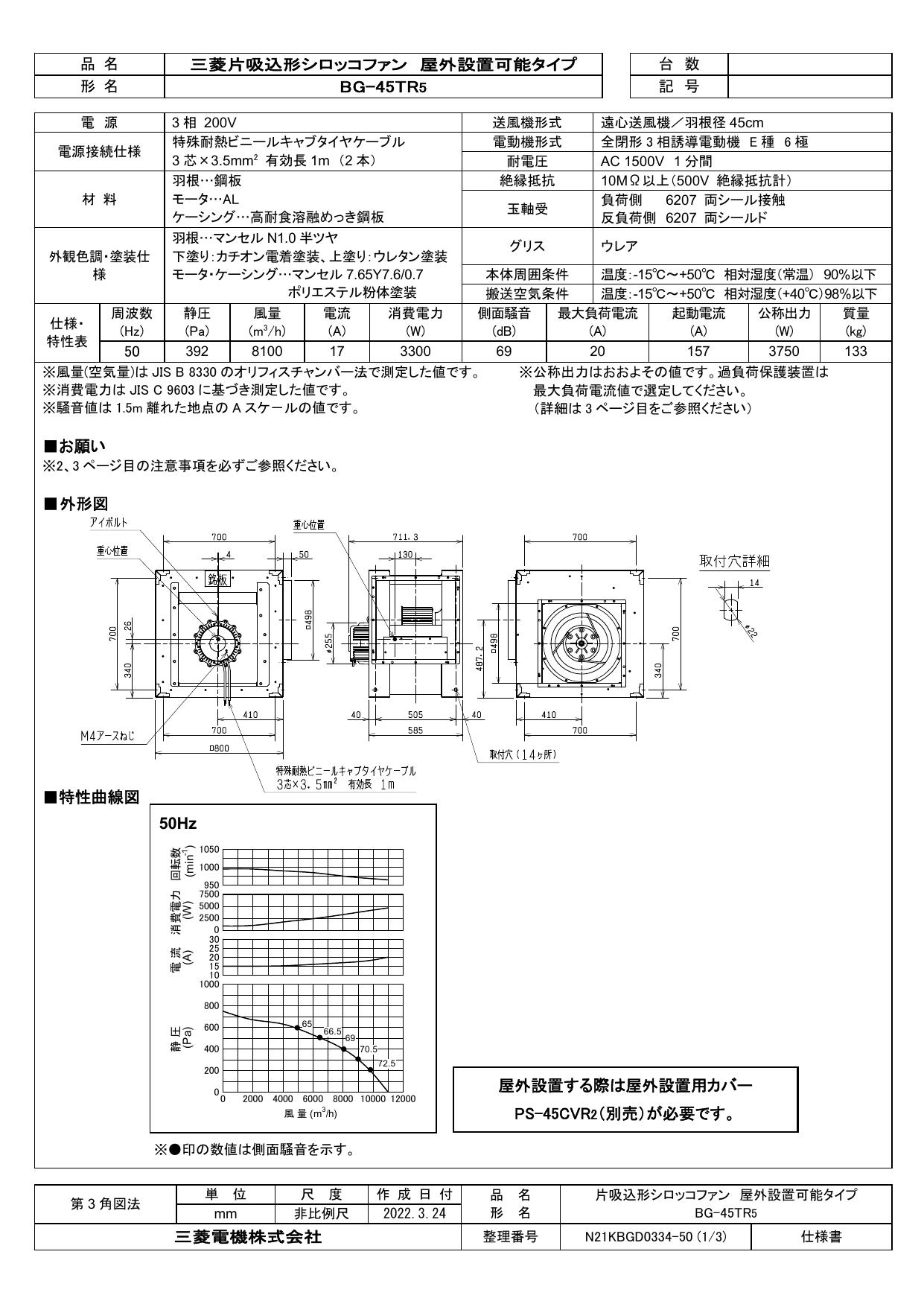 三菱 BG-45TR5 空調用送風機 ビル 工場 店舗 機器組込 用 片吸込形シロッコファン 屋外設置可能タイプ (BG-45TRの後継品) [♪$]  0jq8t1D25t, その他の換気扇 - adcmed.com