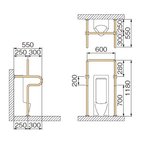 ミヤコ MIYAKO MB155HSストール小便器被覆手摺【MB155HS】寸法 34共通 トイレ配管部材|住宅設備のプロショップDOOON!!
