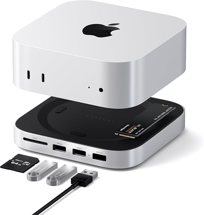 【最安値挑戦】 SATECHI Mac Mini M4 ハブ スタンド NVMe SSD エンクロージャー搭載 M4 Mac Mini ドック 10Gbps USB-A x2 USB-Aデータポート SDカードリーダー対応 M4 対応 シルバー