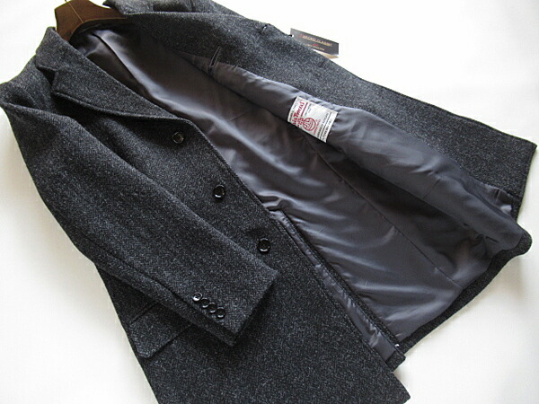 SALE 英国製生地 防寒 Harris Tweed ハリスツイード コート メンズ チェスターコート ウール100% ダークグレー ヘリンボーン柄