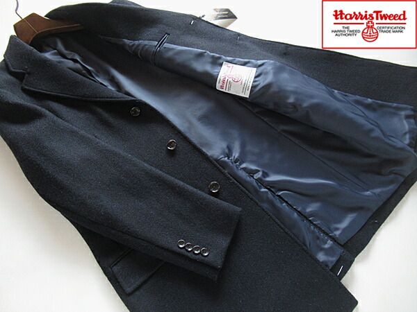 SALE 英国製生地 防寒 Harris Tweed ハリスツイード コート メンズ チェスターコート ウール100% 濃紺 ヘリンボーン柄