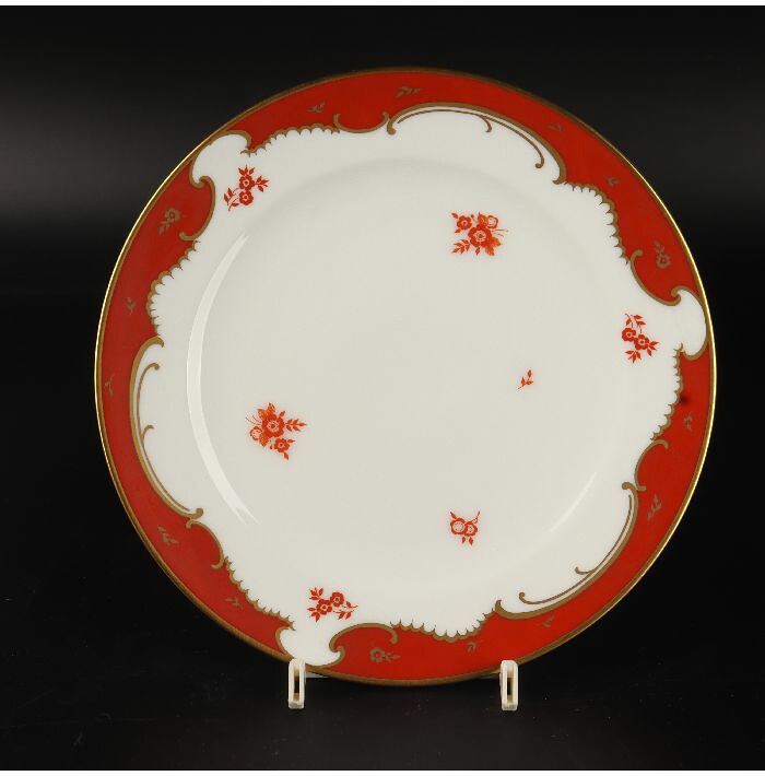 大倉陶園　ゴールドライン小花レッド ケーキ皿W19.5cm　5/R-1161｜uraart