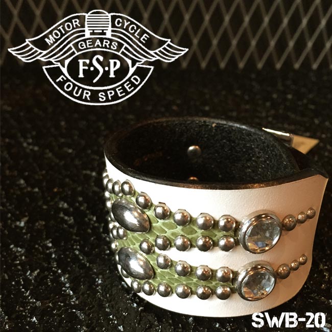 ajito FourSpeed フォースピード スタッズ ストーン レザーブレスレット バイカーアクセサリー メンズ（swb-20ka・アイボリー×カーキ）
