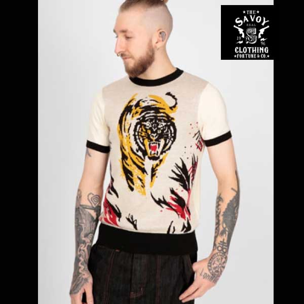 SAVOY CLOTHING Tigerデザインのジャガードコットンニット Scott Deep Jungle Knitted Top　サヴォイクロージング ジャガーニット 半袖 Cotton 100%｜UraHara Style店
