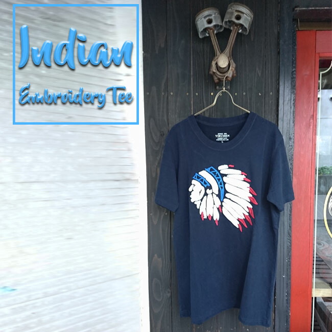 Ajito Indian Tee インディアン 刺繍 Tシャツ トップス ネイビー 紺 メンズ カットソー デッドストック ネイティブアメリカン ゴローズ フェザー モーターサイクル ハーレー Harleydavidson アメカジ ー品販売
