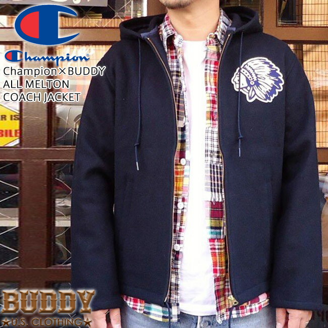 21年製 新品 ブルー ネイビー グレー ベージュ アメリカン アメカジ 紺 ネイビー ジップ 原宿 バディ アウター ジャケット コーチ メルトン インディアン チャンピオン Champion Buddy カジュアル コート アワード ロカビリー 50 S オールメルトン ファッション