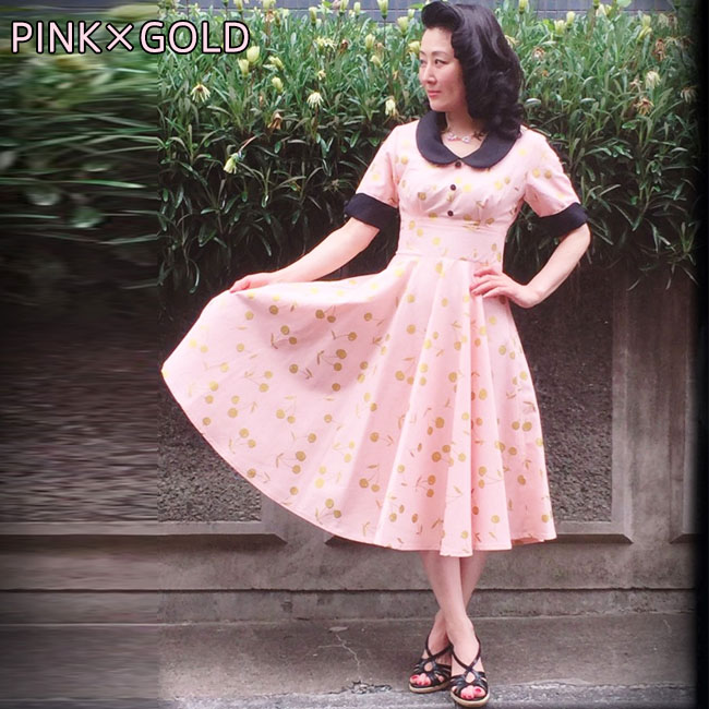 Savoy Clothing Black Gold Cherrys Caroline One Piece サヴォイクロージング チェリー プリント キャロライン サーキュラー ワンピース 半袖 襟 ブラック 黒 ベージュ ピンク ミントグリーン ロカビリー ファッション オードリーヘップバーン サボイクロージング ワンピ