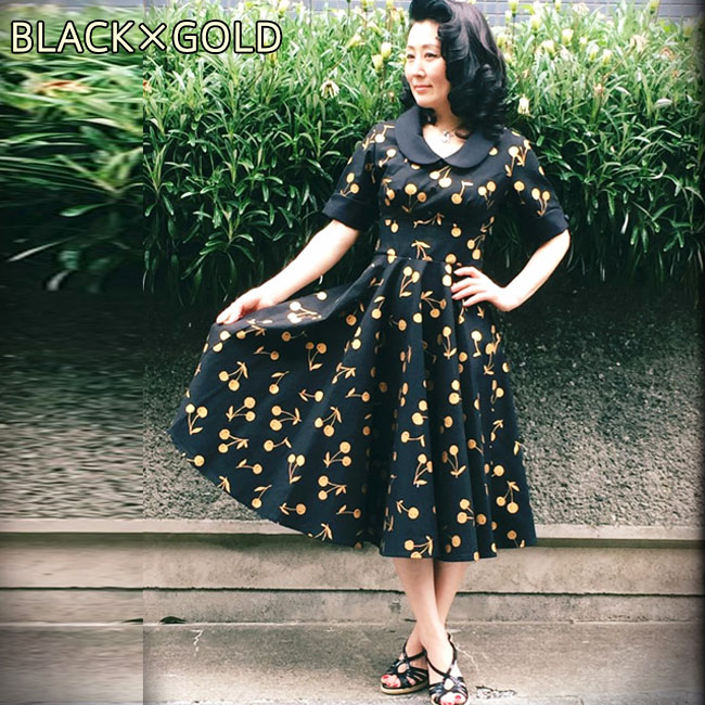 Savoy Clothing Black Gold Cherrys Caroline One Piece サヴォイクロージング チェリー プリント キャロライン サーキュラー ワンピース 半袖 襟 ブラック 黒 ベージュ ピンク ミントグリーン ロカビリー ファッション オードリーヘップバーン サボイクロージング ワンピ