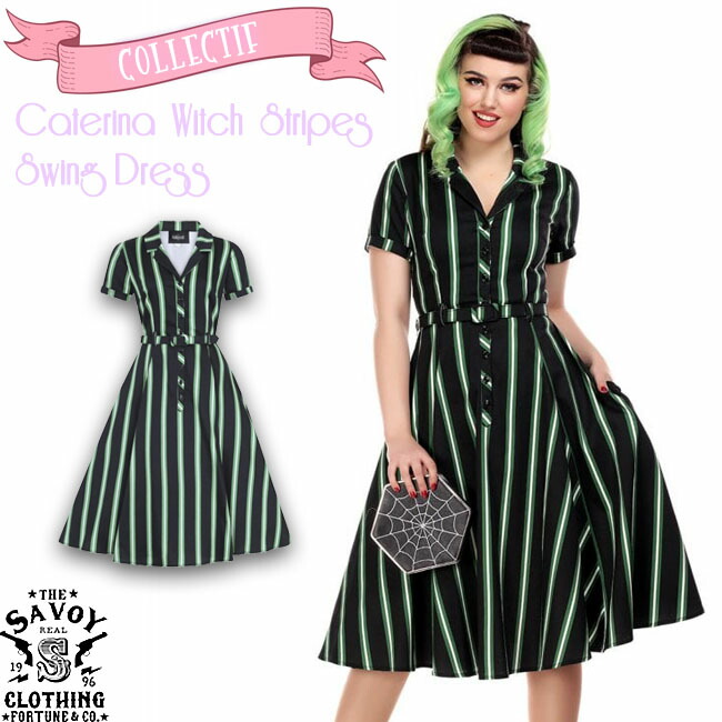 即発送可能 ワンピース Stripes Witch Caterina Collectif Clothing Savoy Swing インポート 半袖 衣装 サボイクロージング 50 S レディース ファッション ロカビリー サヴォイクロージング ブラック グリーン ドレス ワンピース スウィング ストライプ コレクティフ