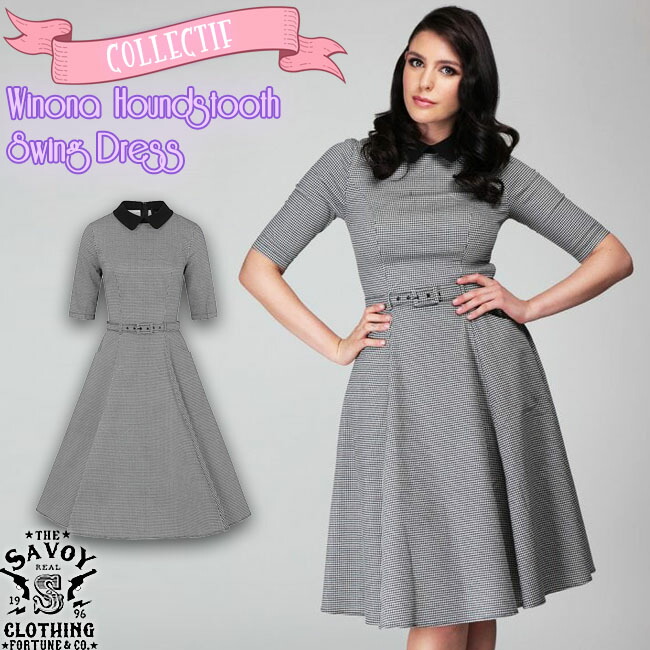 美品 Swing Houndstooth Winona Collectif Clothing Savoy Dress 五分袖 衣装 サボイクロージング 50 S レディース ファッション ロカビリー サヴォイクロージング ブラック ドレス ワンピース スウィング チェック 千鳥格子 ブラック 襟付き コレクティフ レディース