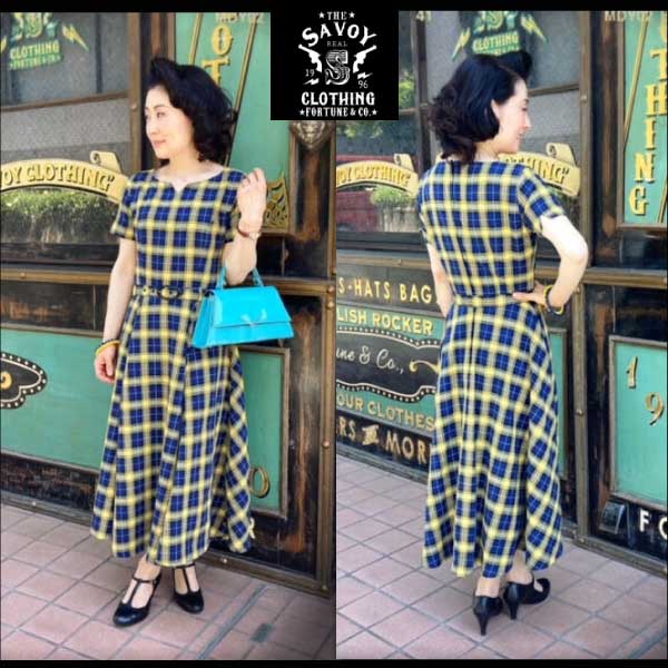 SAVOY CLOTHING サヴォイクロージング Royal Tartan Doreen One-Piece(Blue x Yellow Tartan) ビンテージ レトロ タータンチェック ァッション 原宿 ワンピ 半袖｜UraHara Style店 19,433円
