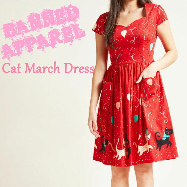 Savoy Clothing 半袖 Banned Apparel サヴォイクロージング Cat March イギリス Dress バーンドアパレル キャット プリント ワンピース 総柄 赤 ネコ サヴォイクロージング レッド ファッション 猫 レトロ サボイクロージング ロカビリー 半袖 50 S ワンピ イギリス