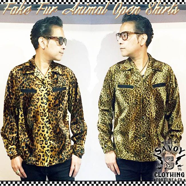 Savoy Clothing Fake Fur Animal Open Shirts Gold Leo サヴォイクロージング フェイクファー アニマル オープン シャツ ゴールドレオ ヒョウ柄 レオパード 長袖 メンズ 50 S 開襟 ロカビリー ファッション Rockabilly 衣装 サボイクロージング 原宿 秋冬用