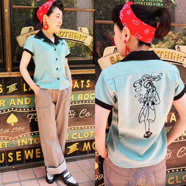 Savoy Clothing Teddy Girl Ladies Bowling Shirts テディ うしろ帯 刺しゅう 突抜くyシャツ サヴォイクロージング シャツ ブラウス バック謄写 執り行うシャツ レディース ロカビリー ファッション 装い サボイクロージング 原宿 半袖 ピンナップガール 50 S レディース