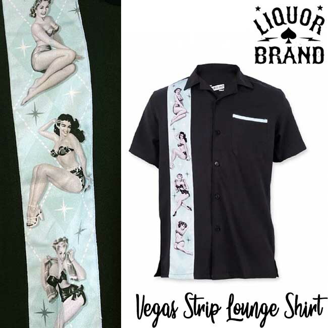 Savoy Clothing Liquor Brand Men S Vegas Strip Lounge Shirts ベガス ストリップ ラウンジ シャツ ピンナップガール ラスベガス オープンシャツ サボイクロージング リカーブランド メンズ トップス サヴォイクロージング 50 S ファッション 50年代 衣装 ブラック 半袖