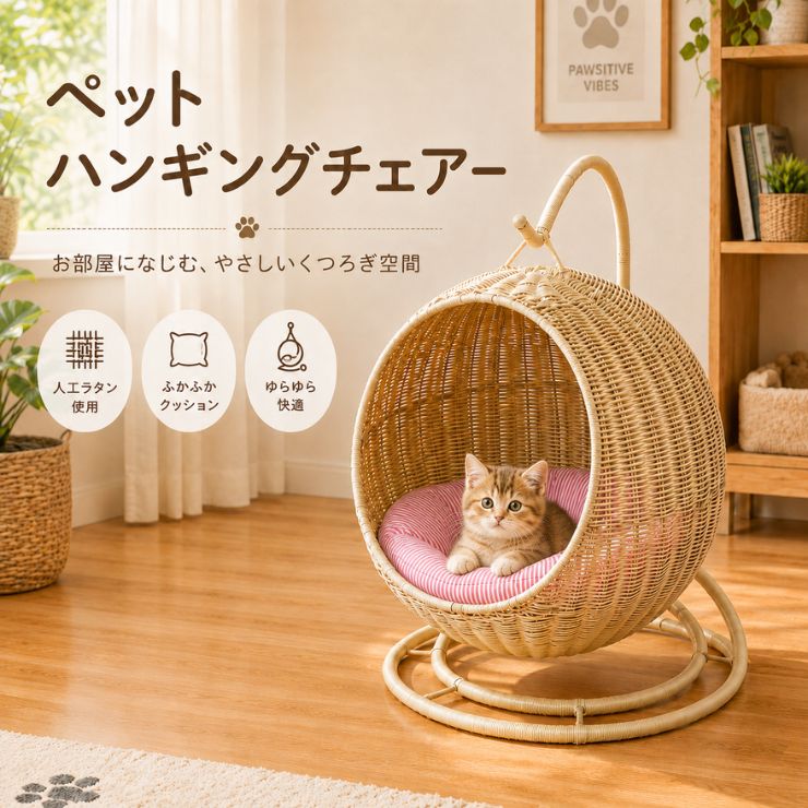 愛玩動物 ハンギングチェア 座布団付き添い人 人工ラタン 愛玩動物寝台 猫 子ネコ 犬 小型犬 ラタン調 さ百合かご 室内 今めかしい 赤銅色 自然的