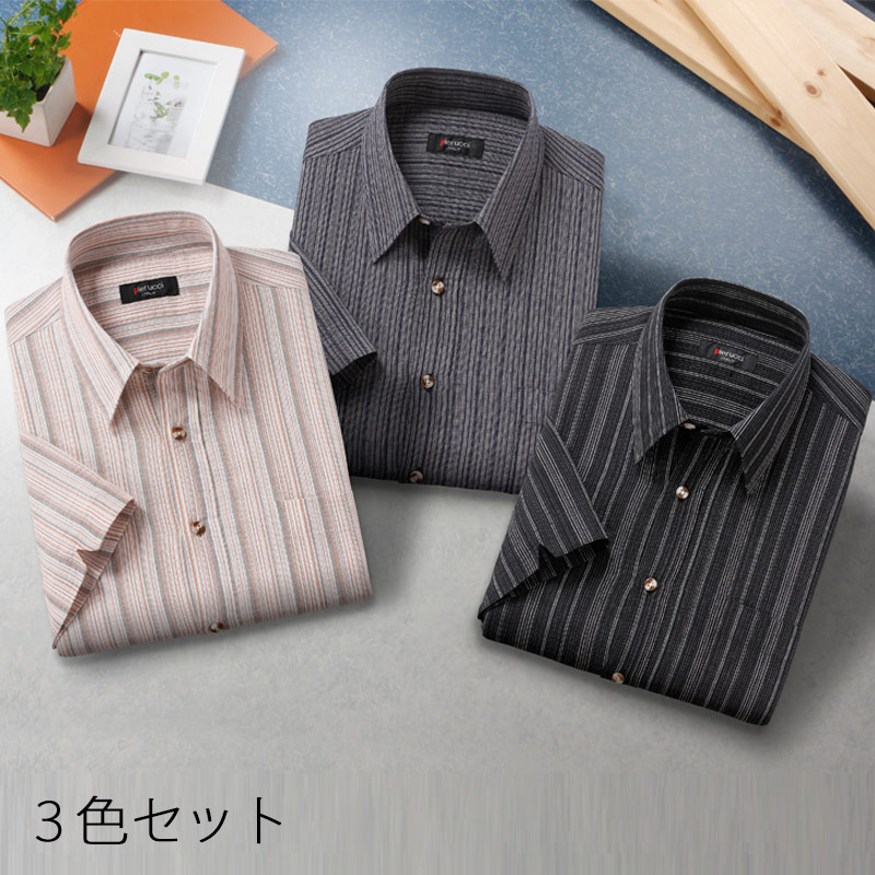 紳士 シニア向け 春 夏 ■綿100％ しじら織り ７分袖シャツ 3色組 取寄せ