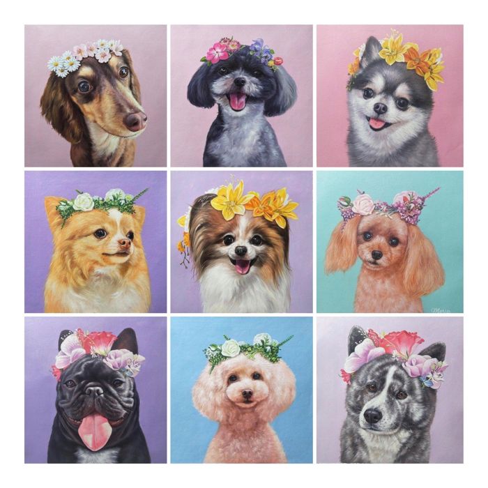 ※予約販売【draw pet】my pet 油絵絵画（お花シリーズ）《上半身 or 顔》（1匹） 韓国 ブランド かわいい おしゃれ プレゼント 小型犬 うちの子グッズ うちの子 ドレス NEW 犬 猫 雨