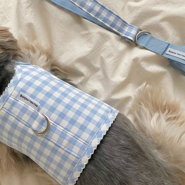 ※予約販売【Bonjour TOU-TOU】Eyelet Check Harness（Sky） 犬用品 ドッググッズ ハーネス ドッグウェア 犬服 犬の服 小型犬 小型犬服 韓国 リード