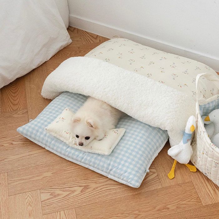 即納【noutti】Duck Blanket Cushion Set（Ivory / Sky Blue） 韓国 犬装置 ドッググッズ 毛布 つや消し ドッグベッド 犬用臥榻 犬用座蒲団 ドッグクッション 犬座蒲団