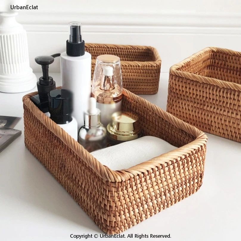 収納カゴ 藤編みかご ラタンカゴ フルーツバスケット 卓上収納ケース 小物入れ 手編み 田園風 おしゃれ 竹かご 料理 水切り 雑貨収納 手工芸品 家庭用 キッチン ホテル用 小物整理かご 収納ボックス 収納ケース 藤編画像