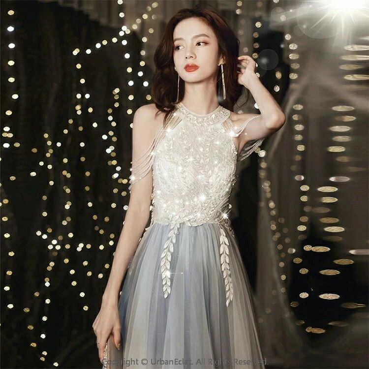 イブニング ドレス ロング ドレス ホルター ネック 白 ブルー サックス パーティー ドレス ビーズ フリンジ キラキラ キレイめ 結婚式 ドレス 二次会 ドレス 発表会 ドレス 演奏会 ドレス ノースリーブ Aライン