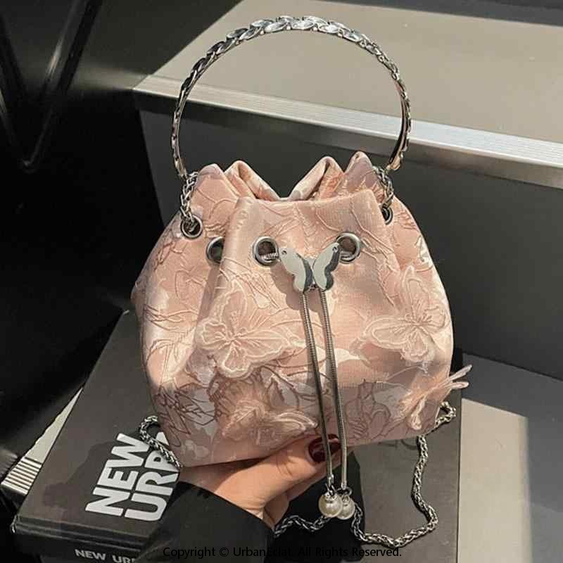 レディース バッグ バケツ 型 手持ち ショルダー 中国 刺繍 蝶 春夏 トレンド 普段使い 品