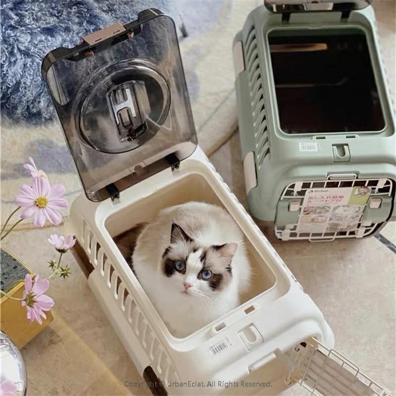 キャンピングキャリーダブルドア 超小型犬猫用 まっ黒い赤銅色 両扉 ホワイト-グリーン