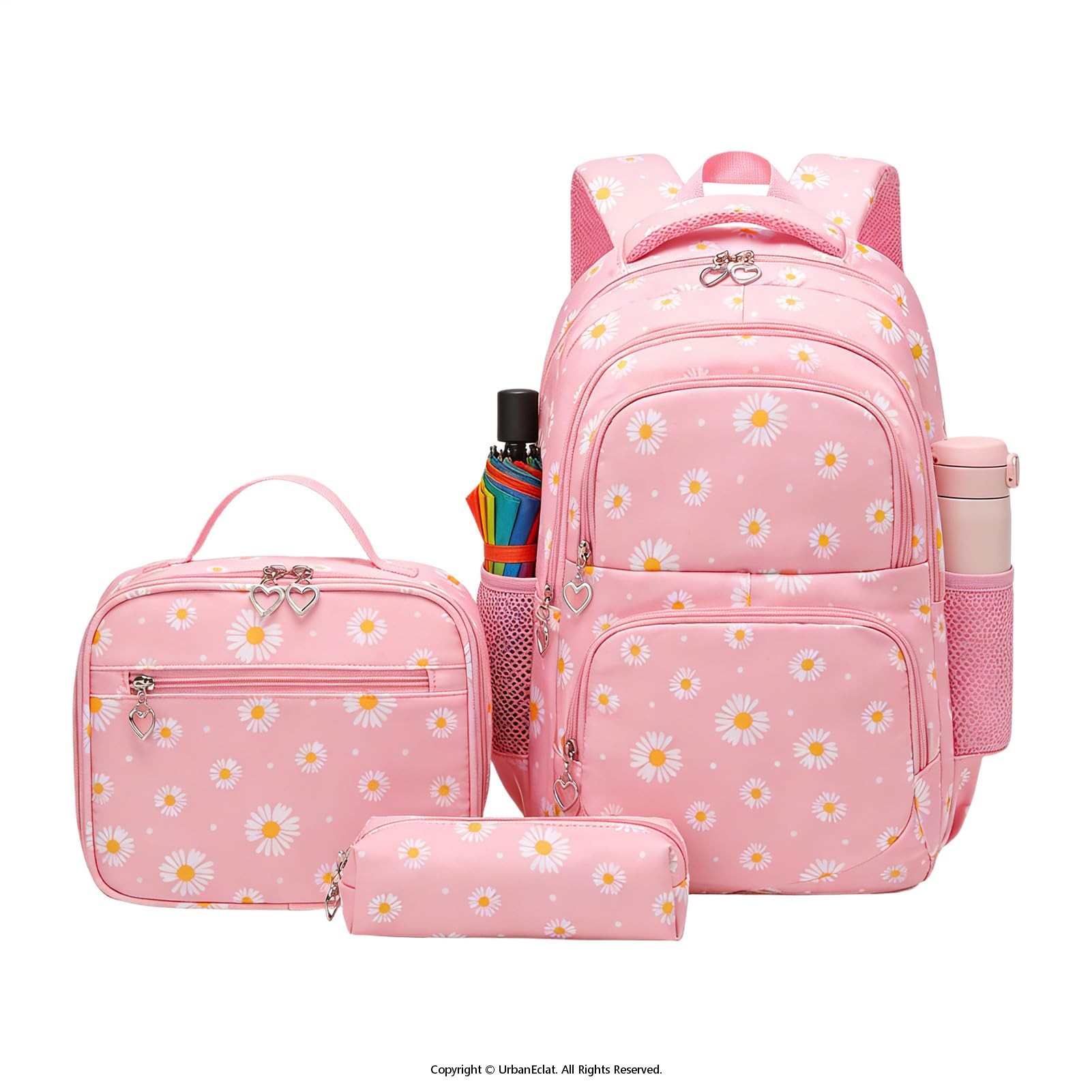 リュックサック 3点セット デイパック キッズ 女の子 小学生 大容量 軽量 撥水 デイジー 花柄 かわいい 通学リュック 遠足 お稽古 レッスンバッグ 弁当バッグ ポーチ付き 背面メッシュ クッション ストラップ 子供用 スクールバッグ|UrbanEclat