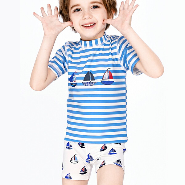男の子 水着 キッズ セパレート 上下セット セットアップ 半袖 ストライプ ヨット レジャー Ms Modomoma 子供 水泳 プール 砂浜 海原 スイミング 水着 Shirleycalcados Com Br