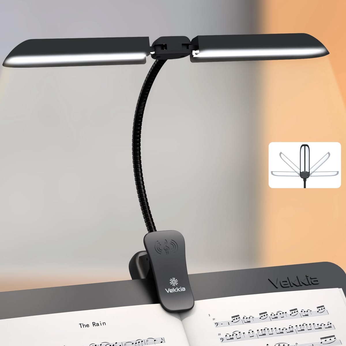 Vekkia 折りたたみ式譜面台ライト - ポータブル 42 - LED 充電式 超明るい クリップ - オン ピアノランプ プロ仕様 5 輝度 × 3 色温度、グランドピアノ、読書用