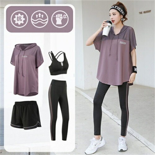 女性 女子 ランニングウェア セット 4点セット 上下 トップス Tシャツ 半袖 ショートパンツ レギンス パンツ スポーツブラ 吸汗 速乾 黒 ブルー 紫 春 夏 秋 秋冬 レディース ウェア トレーニングウェア ジムウェア ヨガウェア スポーツウエア おしゃれ 可愛い かわいい ジム