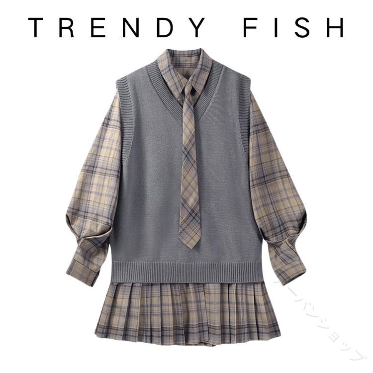 ニット ベスト 長袖 シャツ ワンピース スクールセーター コットン 薄手 毛玉防止 Vネック 制服 女子 学生服 スプリング 高校 学校 グレー チェック柄 プリーツスカート
